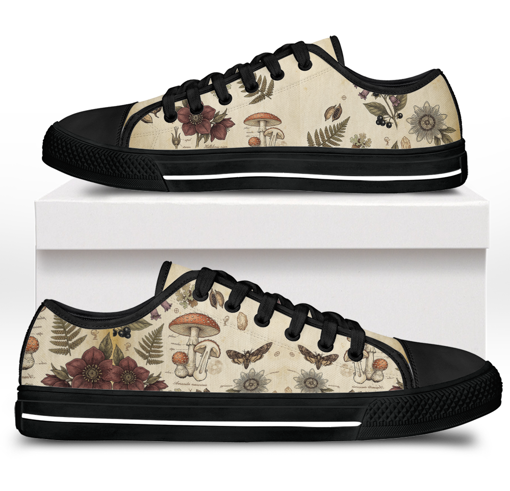 Materia Medica Low Tops - vintage apothecary botanical plates on parchment tan featuring passionflowers, mushrooms, ferns, and dark red blooms