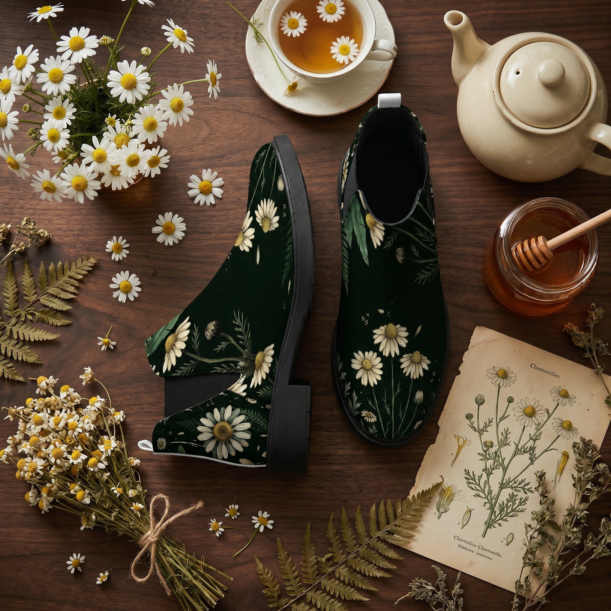 Matricaria Chelsea Boots - chamomile tea flat lay with daisies teapot honey