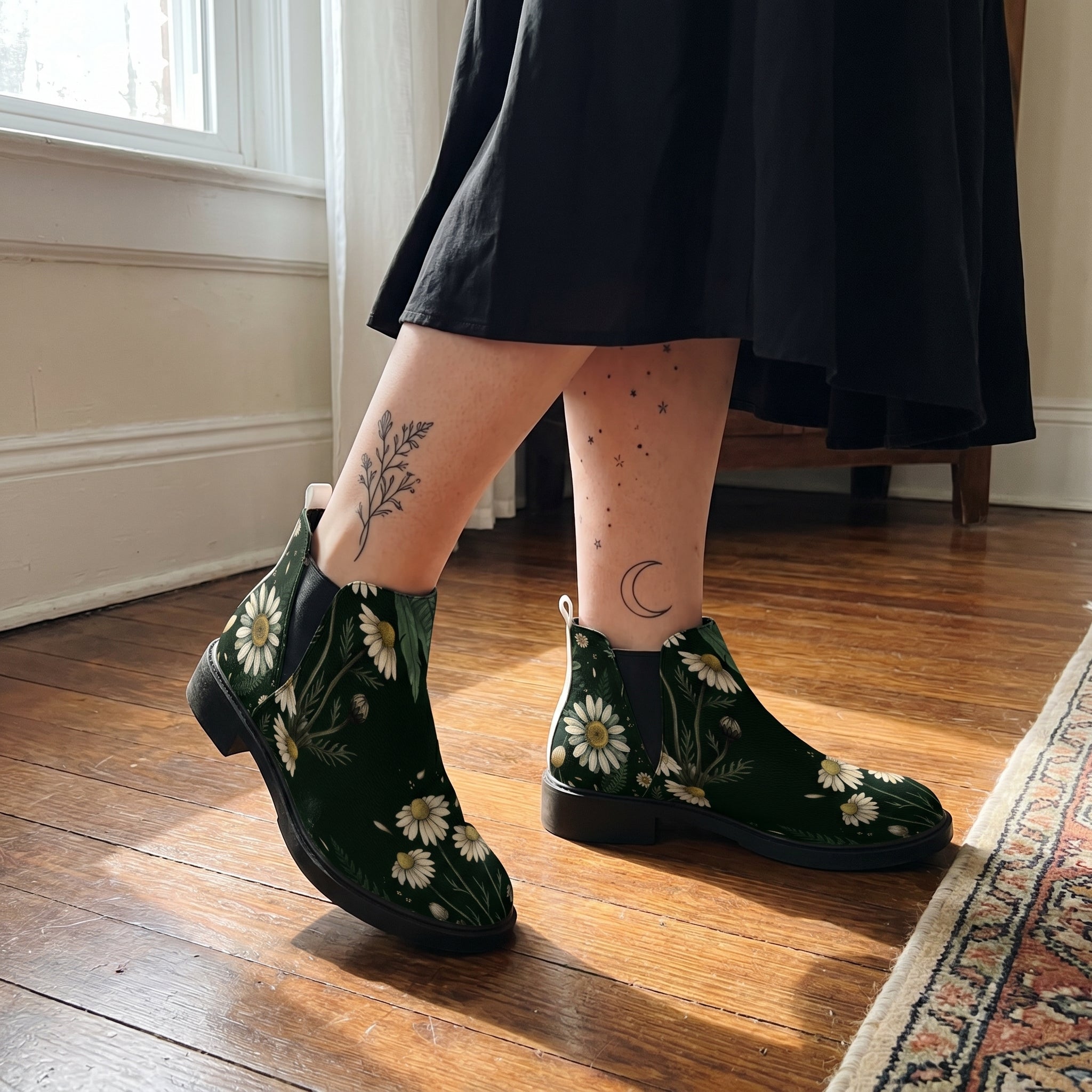 Matricaria Chelsea Boots worn with black skirt indoor lifestyle