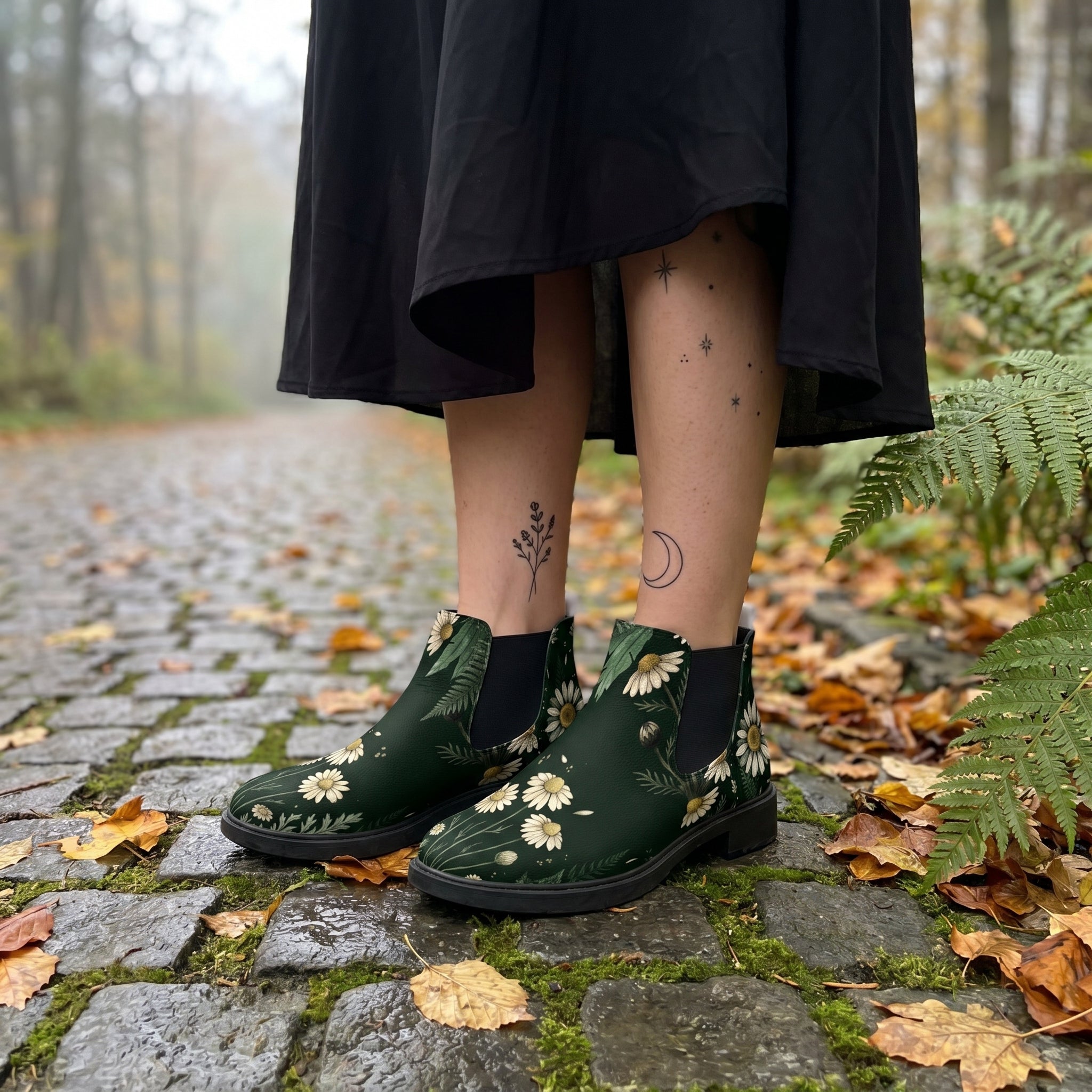 Matricaria Chelsea Boots on cobblestone autumn forest path