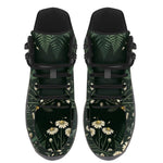 Matricaria Hiking Boots — white chamomile and fern print on deep forest green, top view