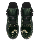 Matricaria Hiking Boots — white chamomile and fern print on deep forest green, top view