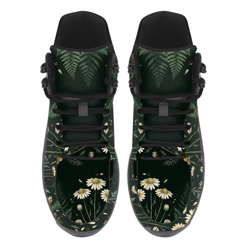 Matricaria Hiking Boots — white chamomile and fern print on deep forest green, top view