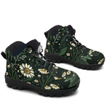 Matricaria Hiking Boots — white chamomile and fern print on deep forest green, 3/4 view