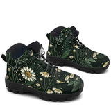 Matricaria Hiking Boots — white chamomile and fern print on deep forest green, 3/4 view