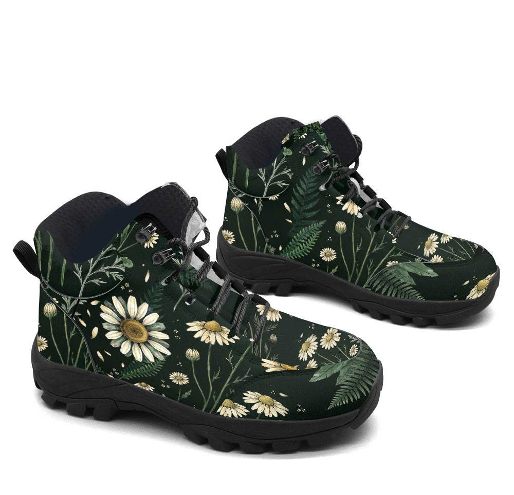 Matricaria Hiking Boots — white chamomile and fern print on deep forest green, 3/4 view