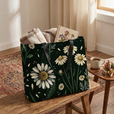 Matricaria Snap Tote Bag — bench styled cottage scene with chamomile throw book and coffee