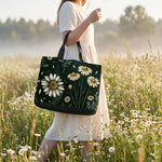 Matricaria Snap Tote Bag — meadow lifestyle model in white dress holding tote in daisy field