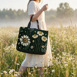 Matricaria Snap Tote Bag — meadow lifestyle model in white dress holding tote in daisy field