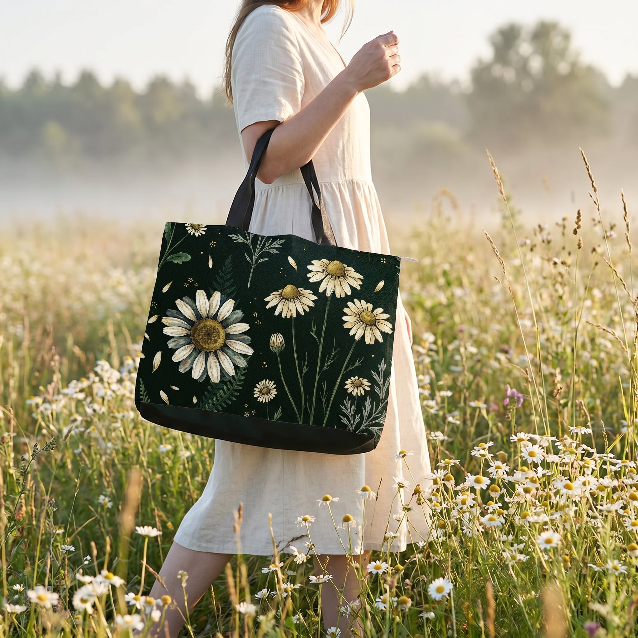 Matricaria Snap Tote Bag — meadow lifestyle model in white dress holding tote in daisy field