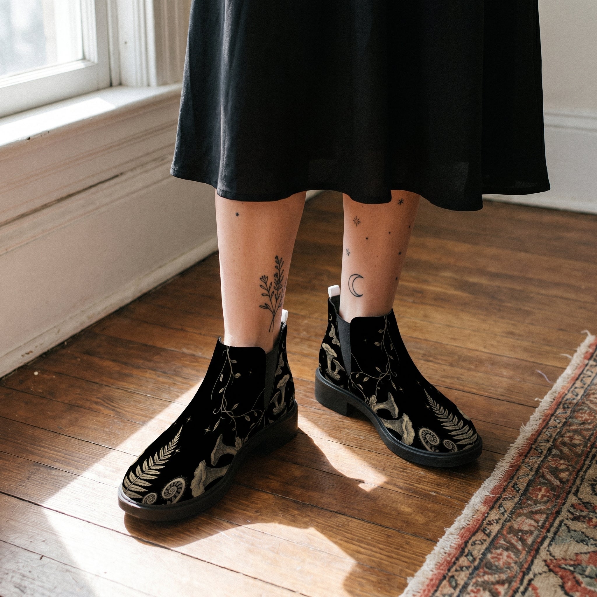 Mycelia Chelsea Boots worn with black skirt indoor lifestyle