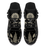 Mycelia Hiking Boots — bone-cream fern and mushroom line art on black, top view