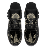 Mycelia Hiking Boots — bone-cream fern and mushroom line art on black, top view