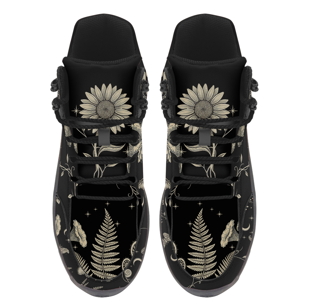 Mycelia Hiking Boots — bone-cream fern and mushroom line art on black, top view