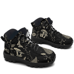 Mycelia Hiking Boots — bone-cream fern and mushroom line art on black, 3/4 view