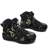 Mycelia Hiking Boots — bone-cream fern and mushroom line art on black, 3/4 view