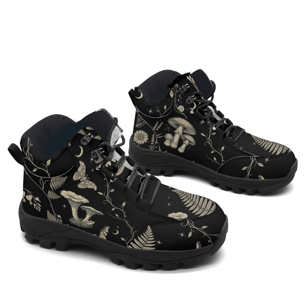 Mycelia Hiking Boots — bone-cream fern and mushroom line art on black, 3/4 view