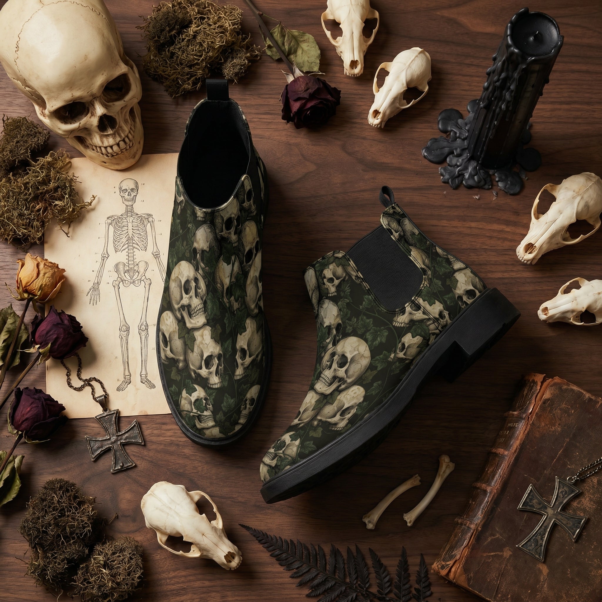 Ossuary Chelsea Boots - memento mori flat lay with skulls bones black candle parchment