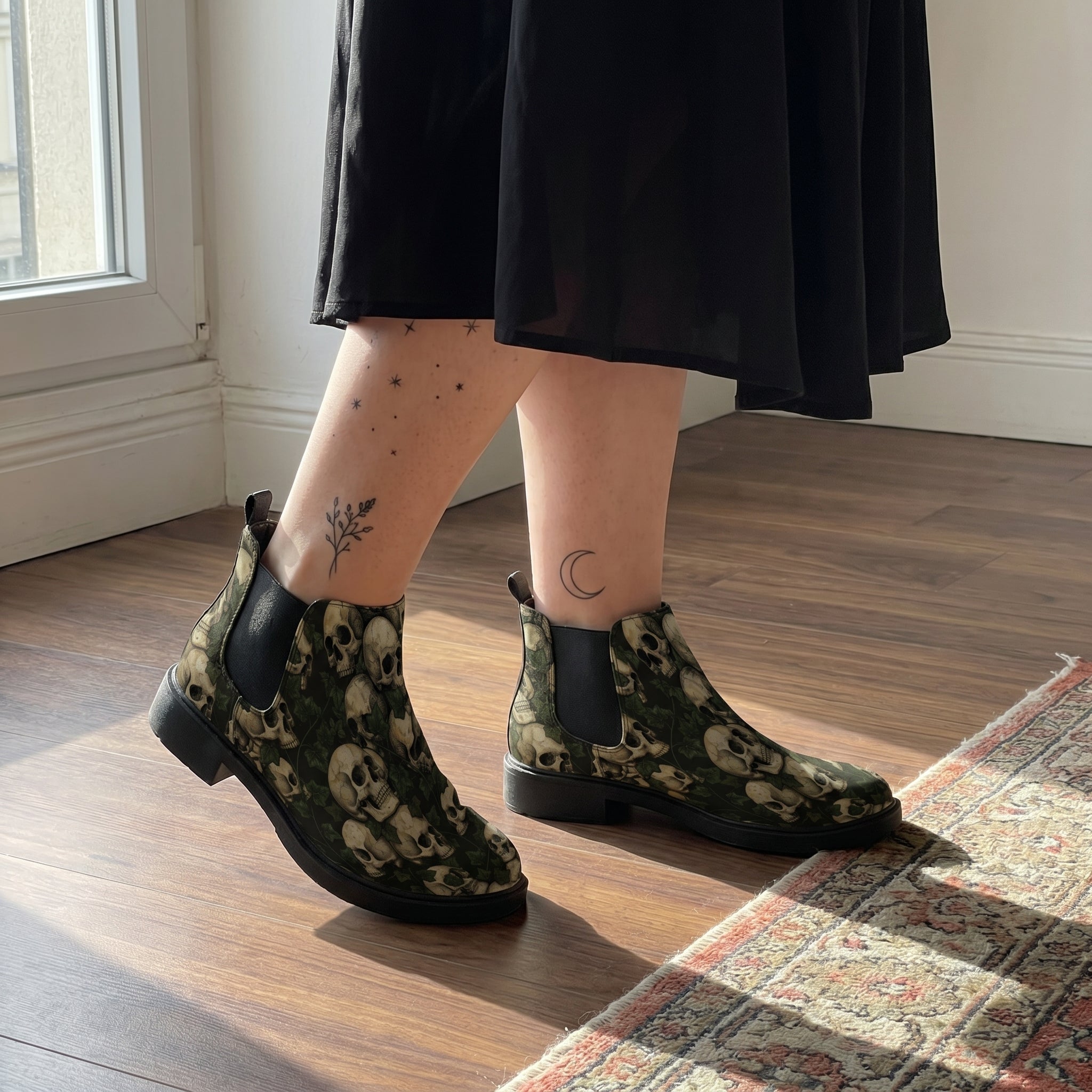Ossuary Chelsea Boots worn with black skirt indoor lifestyle
