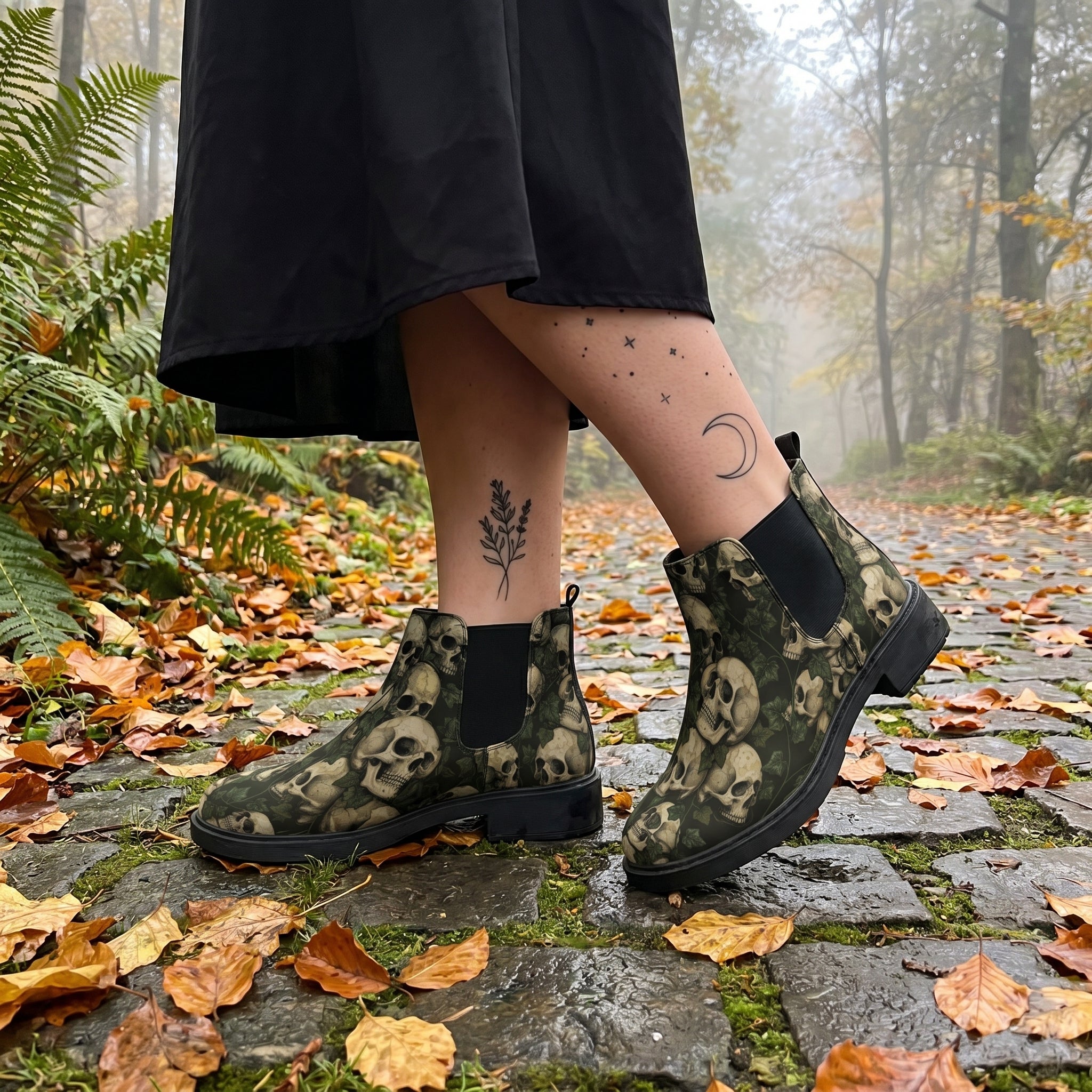 Ossuary Chelsea Boots on cobblestone autumn forest path