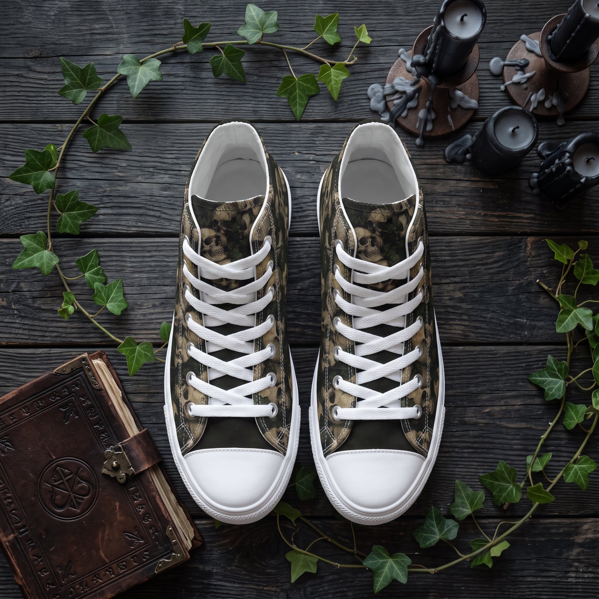 Ossuary High Tops — flat lay with candles and book