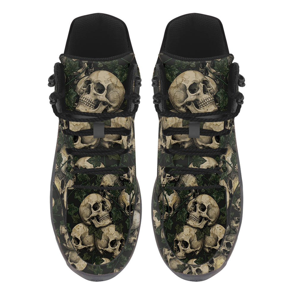 Ossuary Hiking Boots — skull and ivy catacomb print, 3/4 view