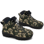 Ossuary Hiking Boots — skull and ivy catacomb print, angled pair view