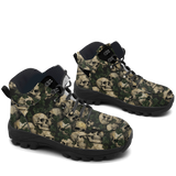 Ossuary Hiking Boots — skull and ivy catacomb print, angled pair view