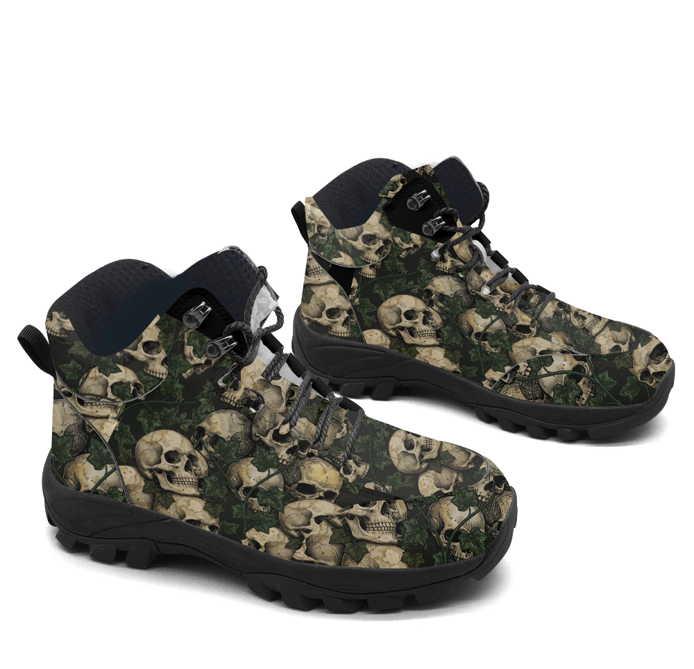 Ossuary Hiking Boots — skull and ivy catacomb print, angled pair view