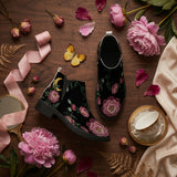 Paeonia Chelsea Boots - romantic flat lay with pink peonies silk ribbon vintage mirror butterfly