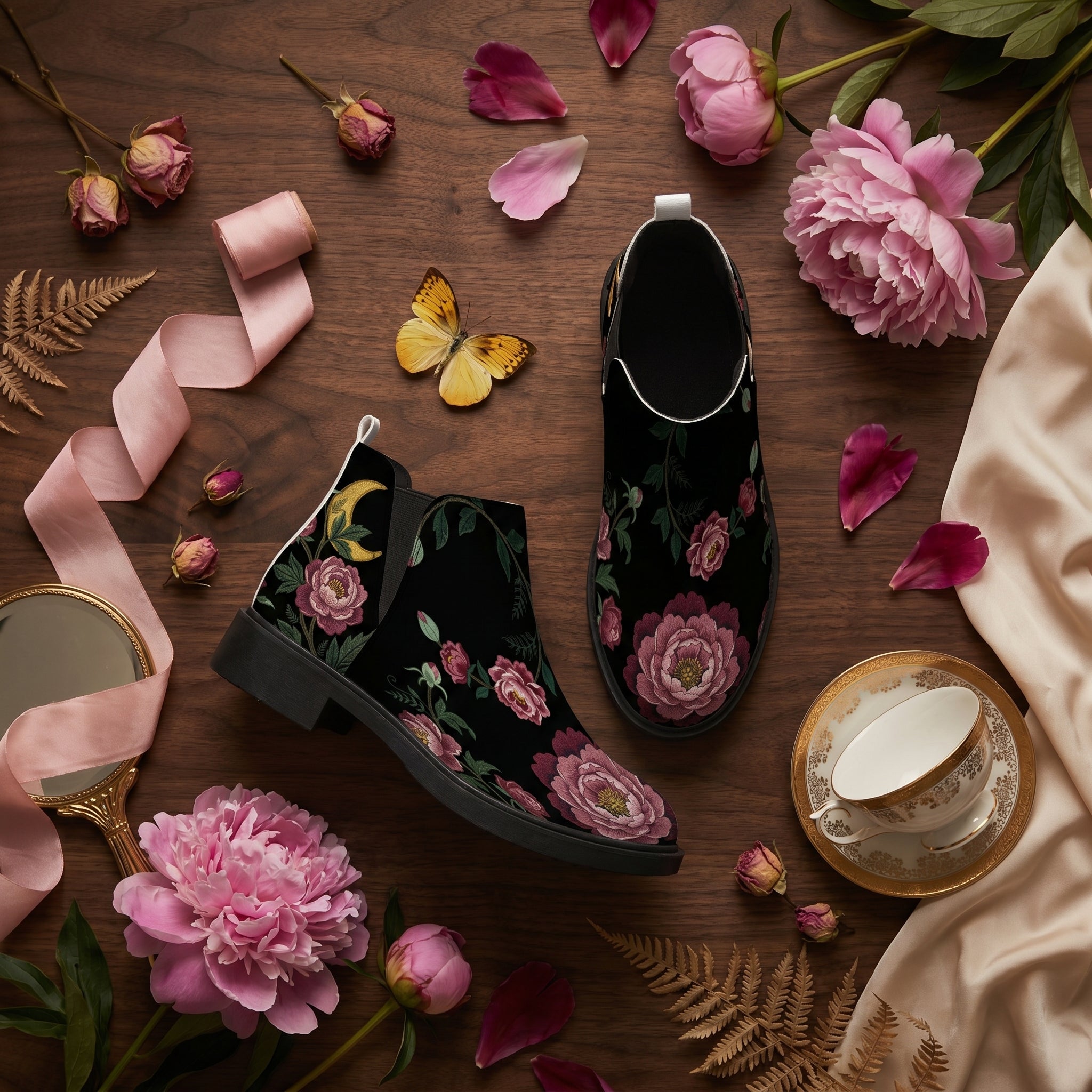 Paeonia Chelsea Boots - romantic flat lay with pink peonies silk ribbon vintage mirror butterfly