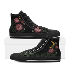 Paeonia High Tops — embroidered blush-pink peonies with a golden crescent moon on black — black sole pair