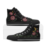 Paeonia High Tops — embroidered blush-pink peonies with a golden crescent moon on black — black sole pair