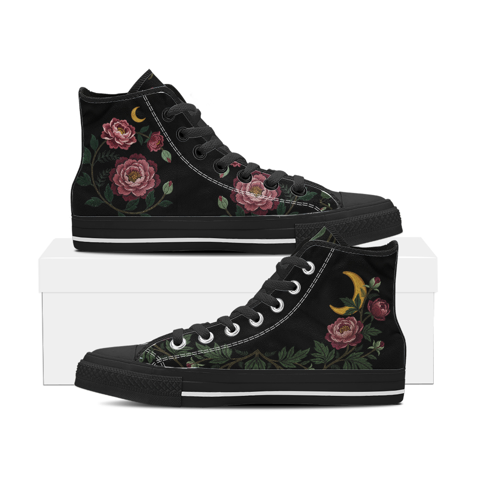 Paeonia High Tops — embroidered blush-pink peonies with a golden crescent moon on black — black sole pair