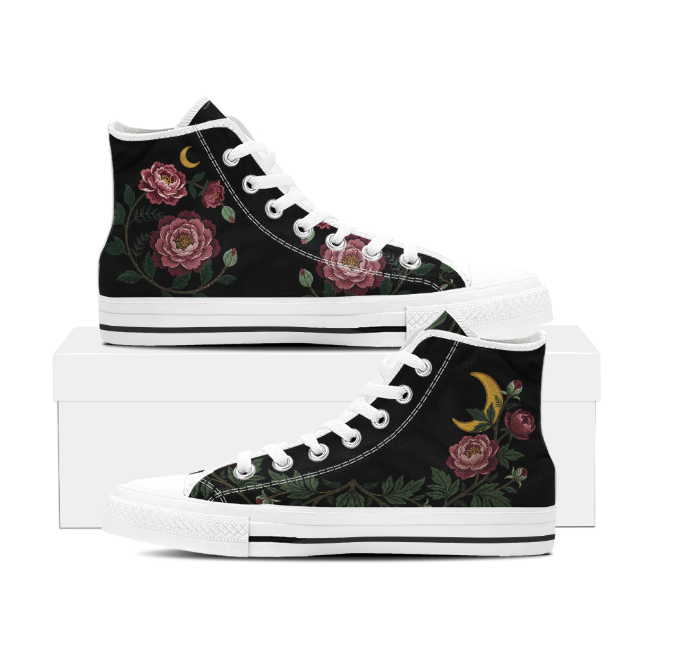 Paeonia High Tops — embroidered blush-pink peonies with a golden crescent moon on black — white sole pair