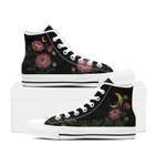 Paeonia High Tops — embroidered blush-pink peonies with a golden crescent moon on black — white sole pair