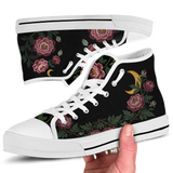 Paeonia High Tops — embroidered blush-pink peonies with a golden crescent moon on black — white sole detail