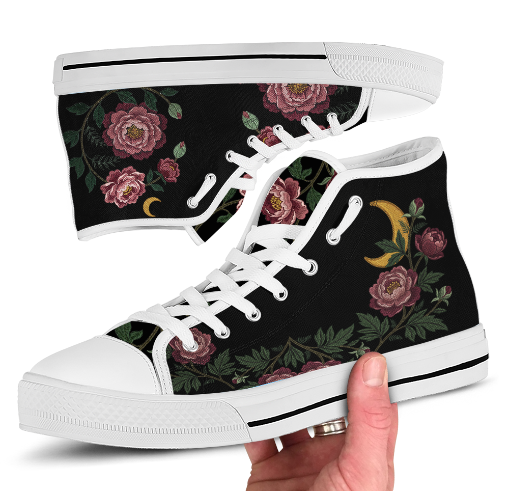 Paeonia High Tops — embroidered blush-pink peonies with a golden crescent moon on black — white sole detail