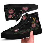 Paeonia High Tops — embroidered blush-pink peonies with a golden crescent moon on black — black sole detail