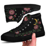 Paeonia High Tops — embroidered blush-pink peonies with a golden crescent moon on black — black sole detail