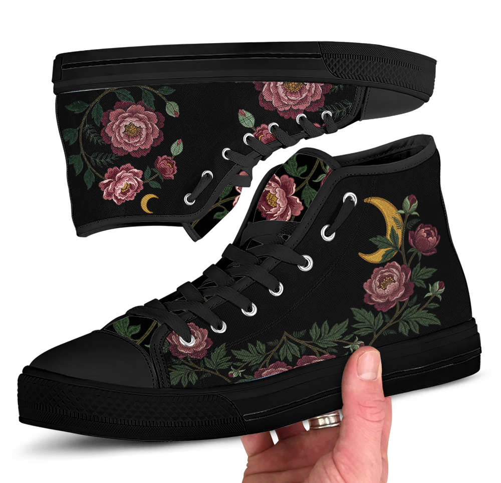 Paeonia High Tops — embroidered blush-pink peonies with a golden crescent moon on black — black sole detail