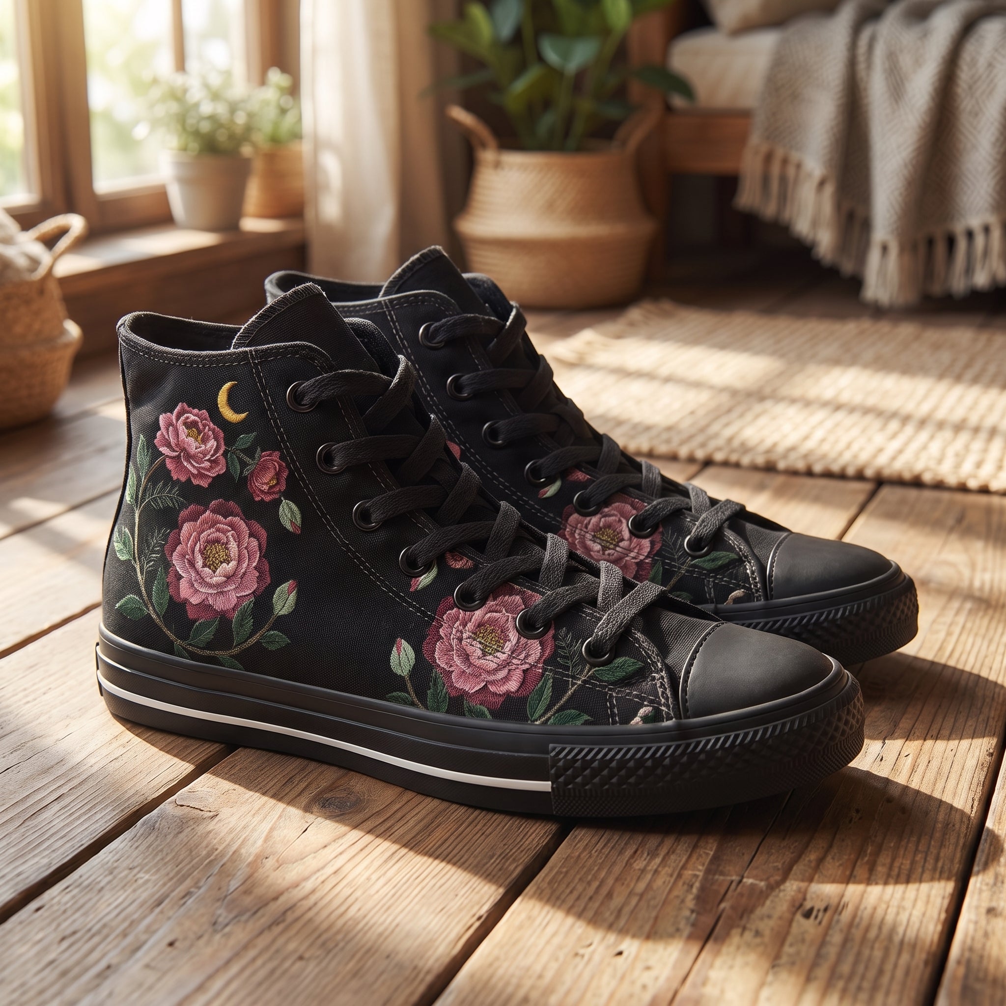 Paeonia High Tops — embroidered blush-pink peonies with a golden crescent moon on black — on wood floor