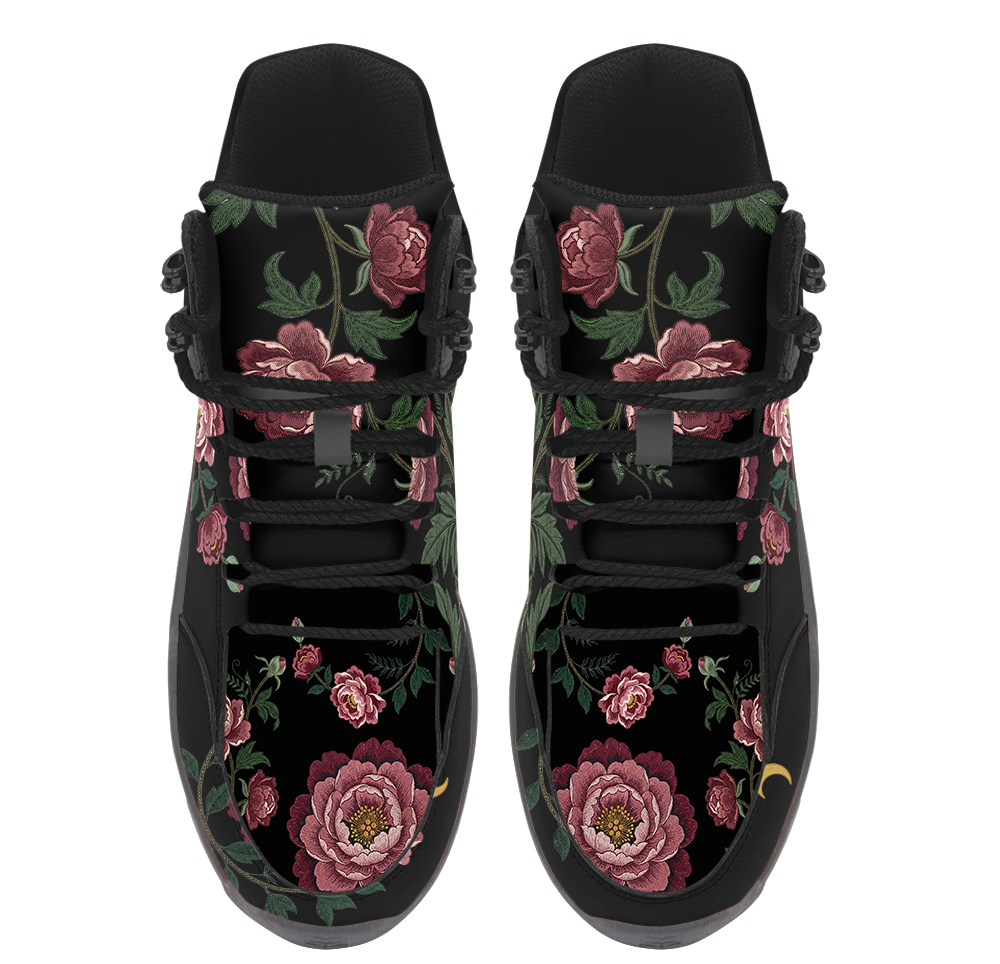 Paeonia Hiking Boots — embroidered peony floral print, top view