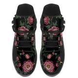 Paeonia Hiking Boots — embroidered peony floral print, top view
