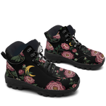 Paeonia Hiking Boots — embroidered peony floral print, 3/4 view
