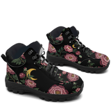 Paeonia Hiking Boots — embroidered peony floral print, 3/4 view