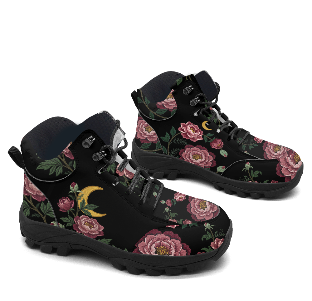 Paeonia Hiking Boots — embroidered peony floral print, 3/4 view