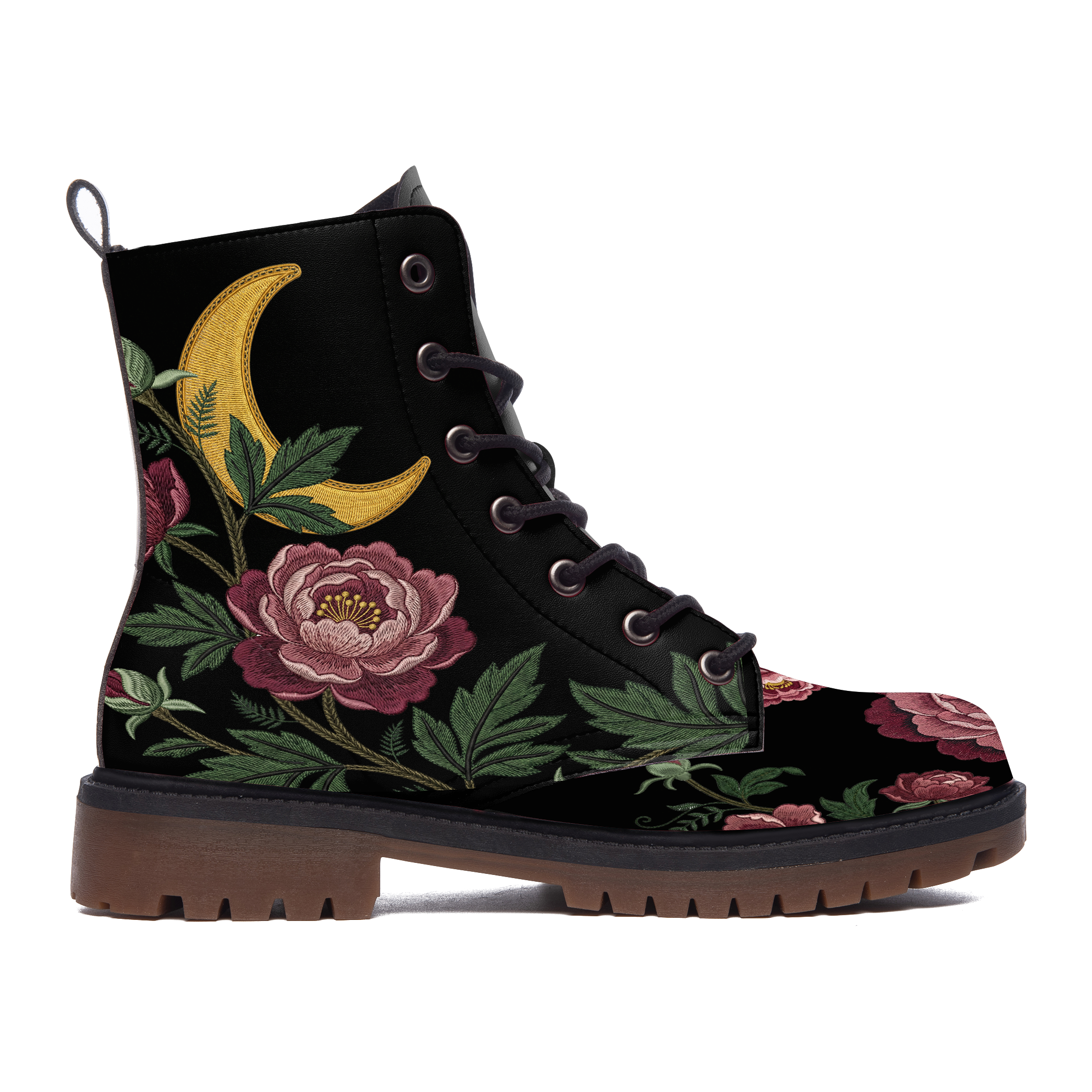 Paeonia Leather Boots (Faux Embroidered) — outer side view on white