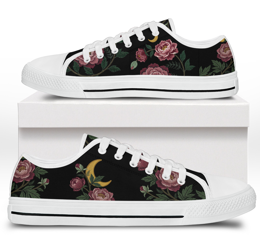 Paeonia Low Tops - embroidered pink peonies with crescent moon on black