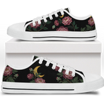 Paeonia Low Tops - embroidered pink peonies with crescent moon on black
